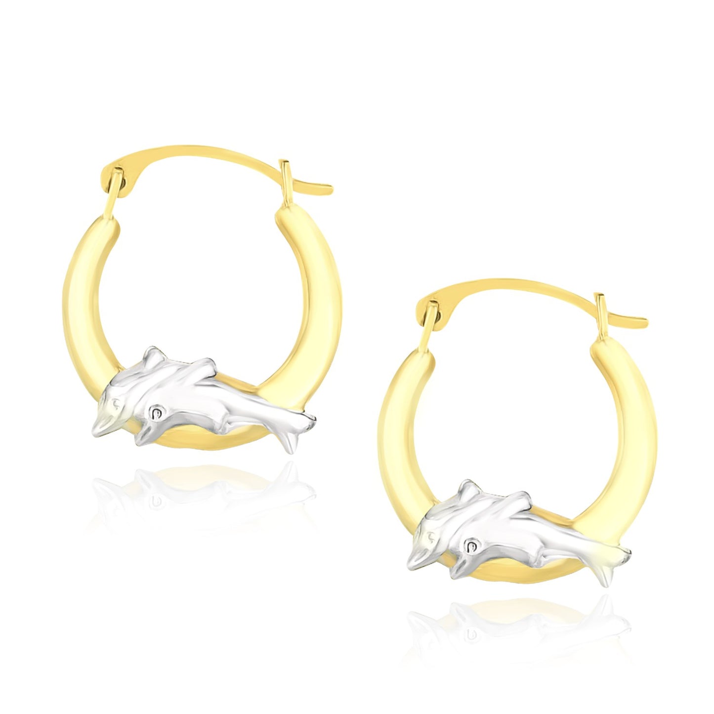 Gold hoop earrings with silver dolphin charms on a white background