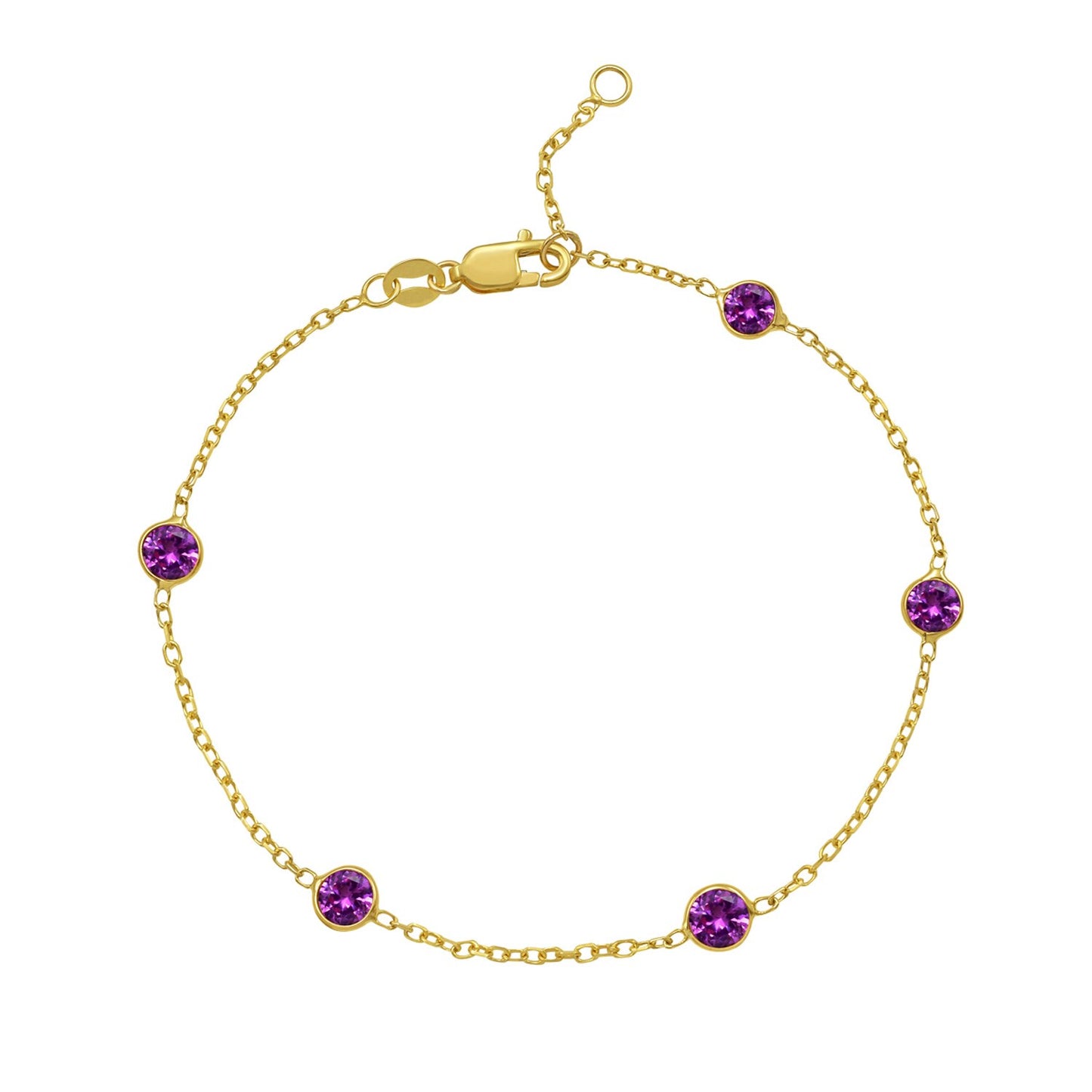 14K Yellow Gold Pink Sapphire Station Bracelet on a white background.