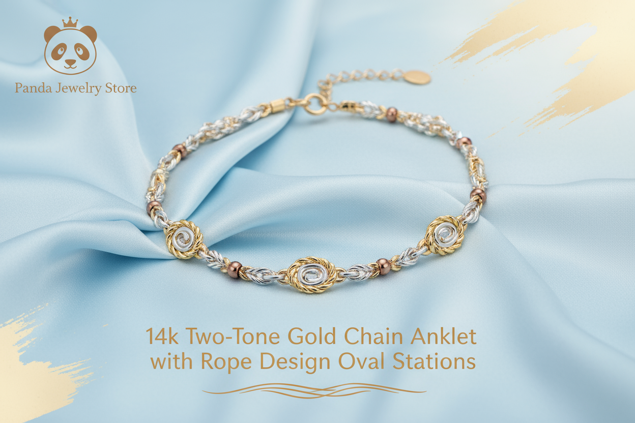 π14k Two-Tone Gold Chain Anklet with Rope Design Oval Stations