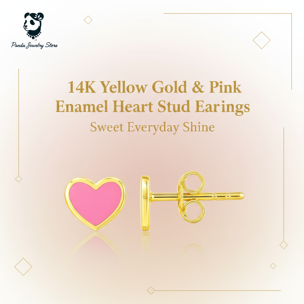 14K Yellow Gold & Pink Enamel Heart Stud Earrings Banner