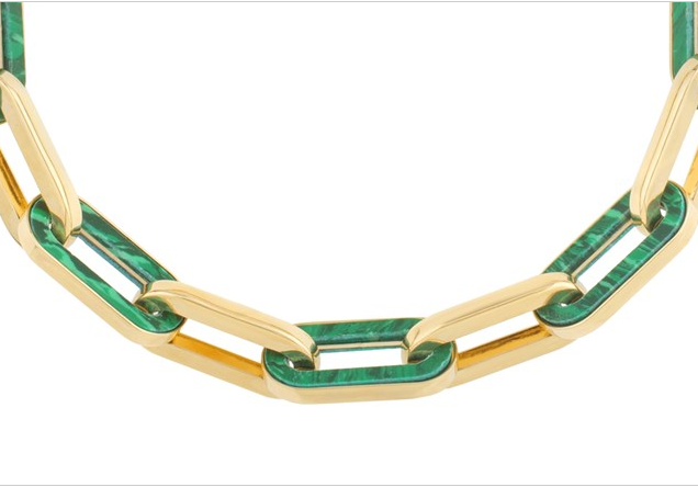 14k Yellow Gold Malachite Paperclip Gem Link Bracelet (7.00 mm)