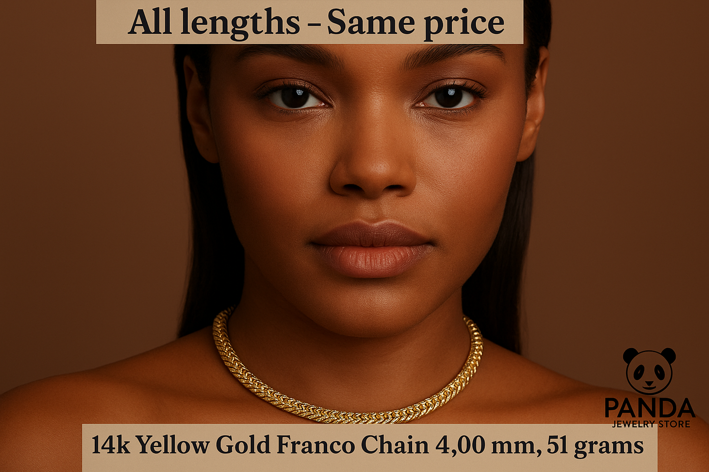 Close-up of the Diamond Cut Round Franco Chain in 14k Yellow Gold on a woman's neck.