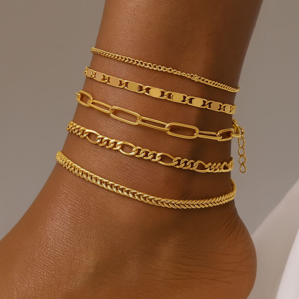 ✨ 5-Piece Gold Plated Anklet Set – Layered Chain Styles for Women & Girls