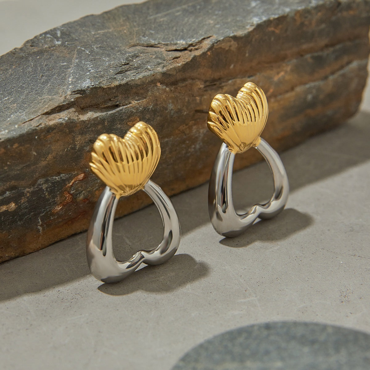 Two-Tone Heart Stud Earrings – Gold & Silver Stainless Steel Design