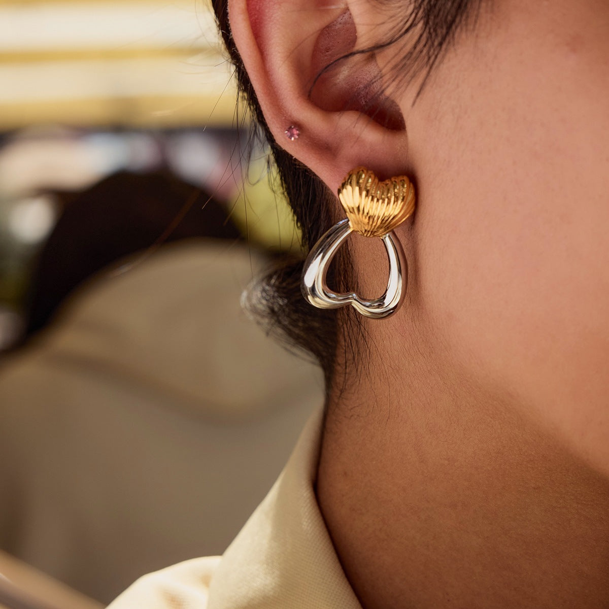 Two-Tone Heart Stud Earrings – Gold & Silver Stainless Steel Design