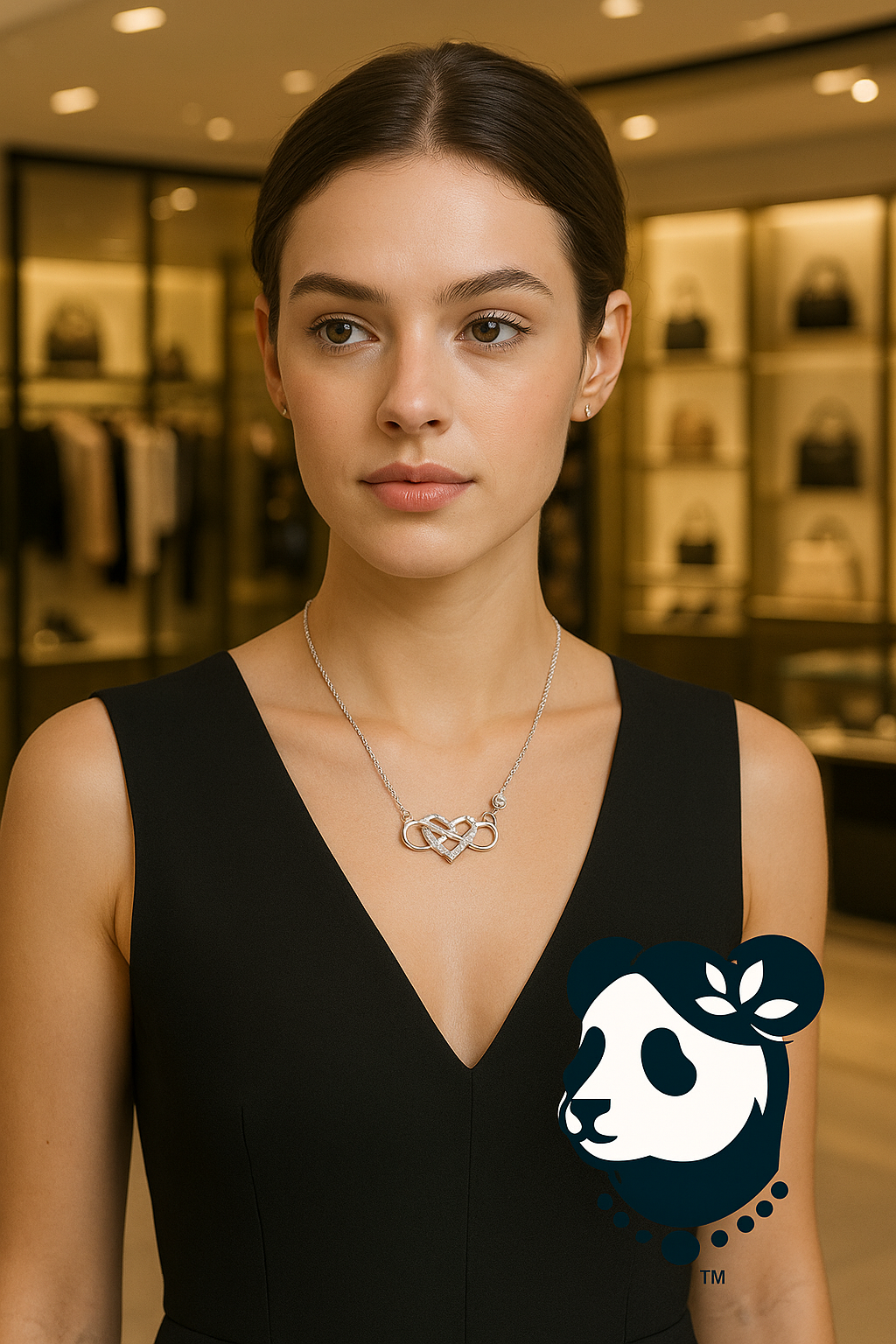 Woman wearing a black dress with a visible brand logo in a store setting