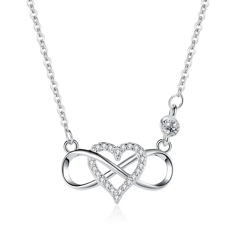 925 silver pendant with micro pave stones in heart and infinity symbol on chain