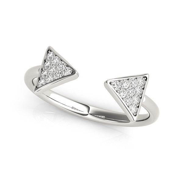 Silver ring with triangle-shaped gemstones on a white background