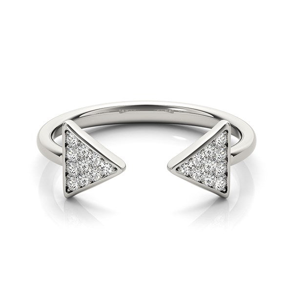 Silver ring with triangle-shaped diamond stones on a white background