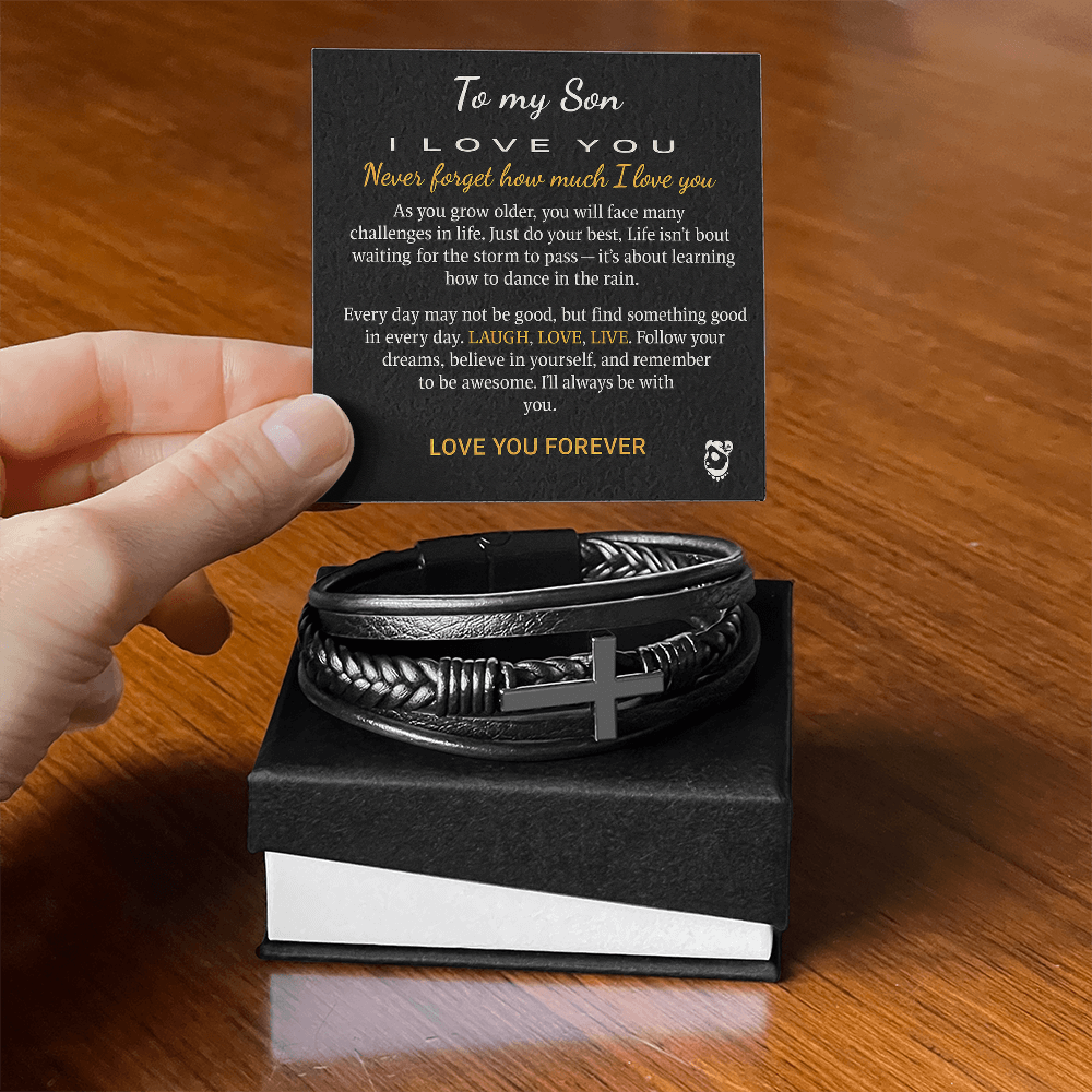 Men's Vegan Leather Christian Cross Bracelet in a 2-tone box with "To My Son" message card.
