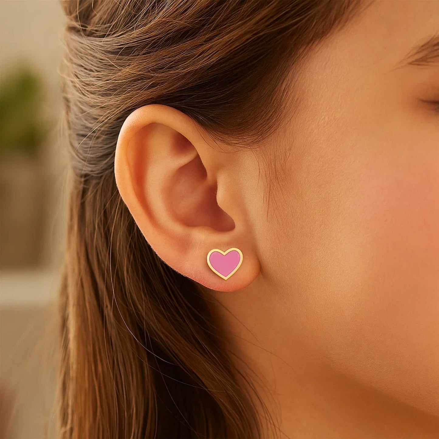 🩷14K Yellow Gold & Pink Enamel Heart Stud Earrings – Sweet Everyday Shine