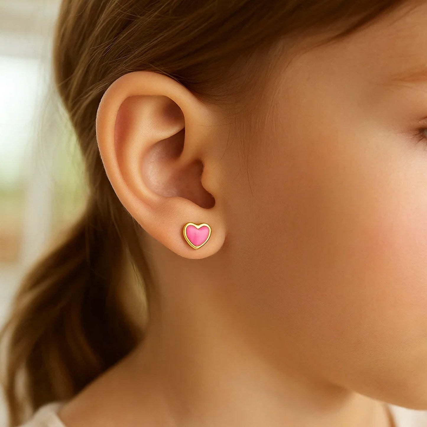 🩷14K Yellow Gold & Pink Enamel Heart Stud Earrings – Sweet Everyday Shine