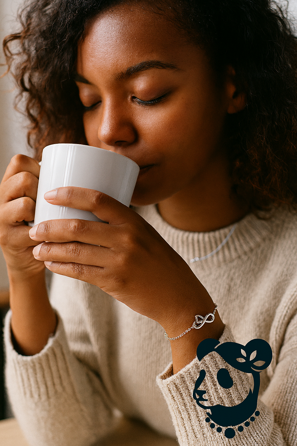 Woman drinking from a white mug wearing a beige sweater with a blue design.