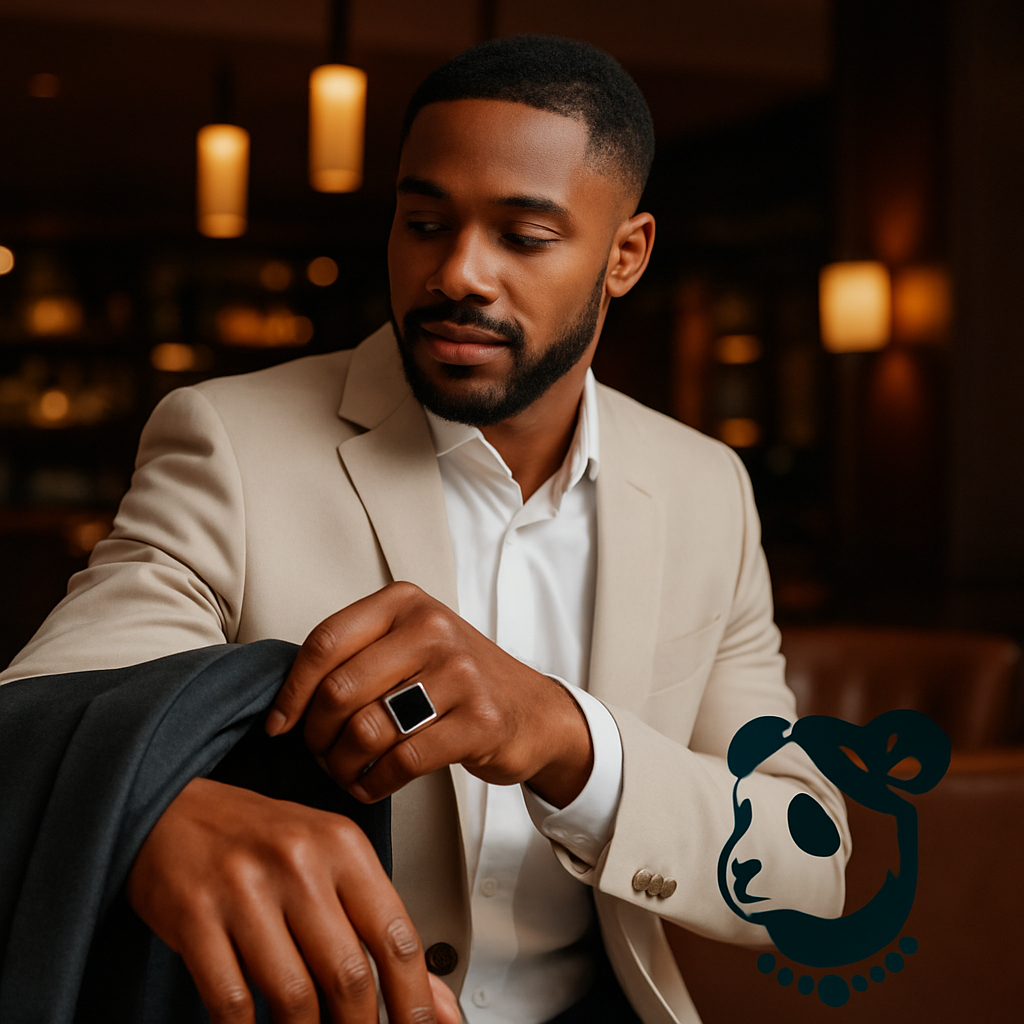 Men’s gold ring with a large black onyx square center and diamond-accented side panels