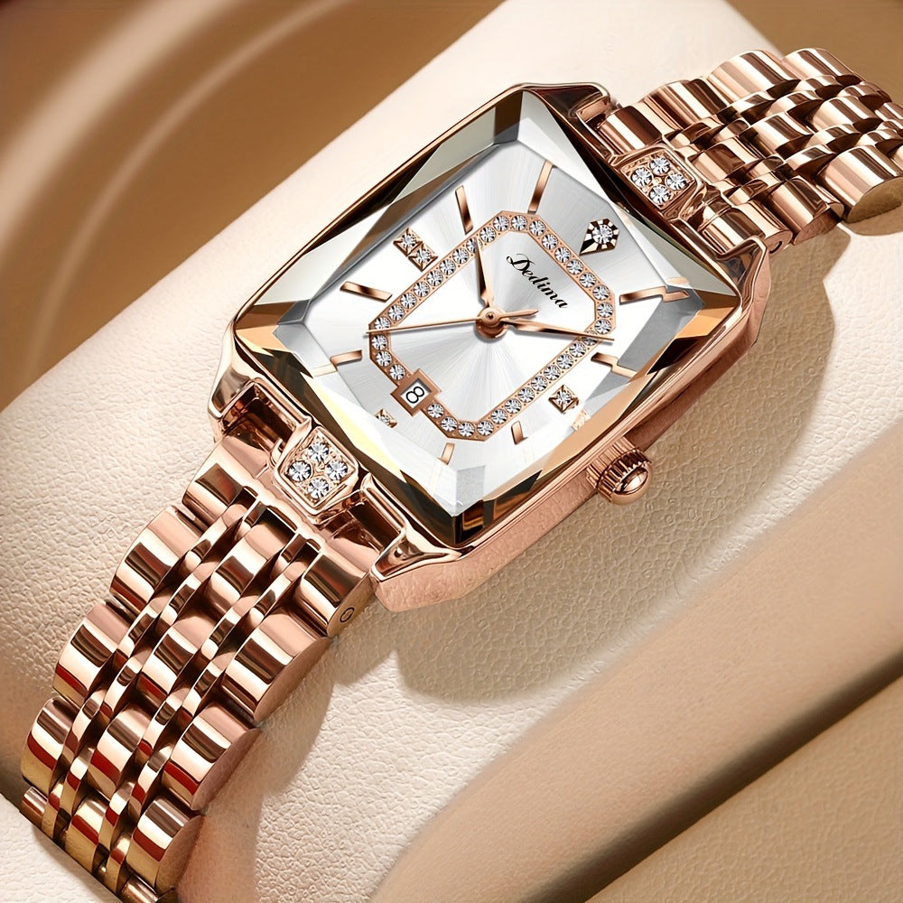 Women’s Luxury Rose Gold Rectangle Watch with Diamond Accents – Waterproof Elegant Timepiece