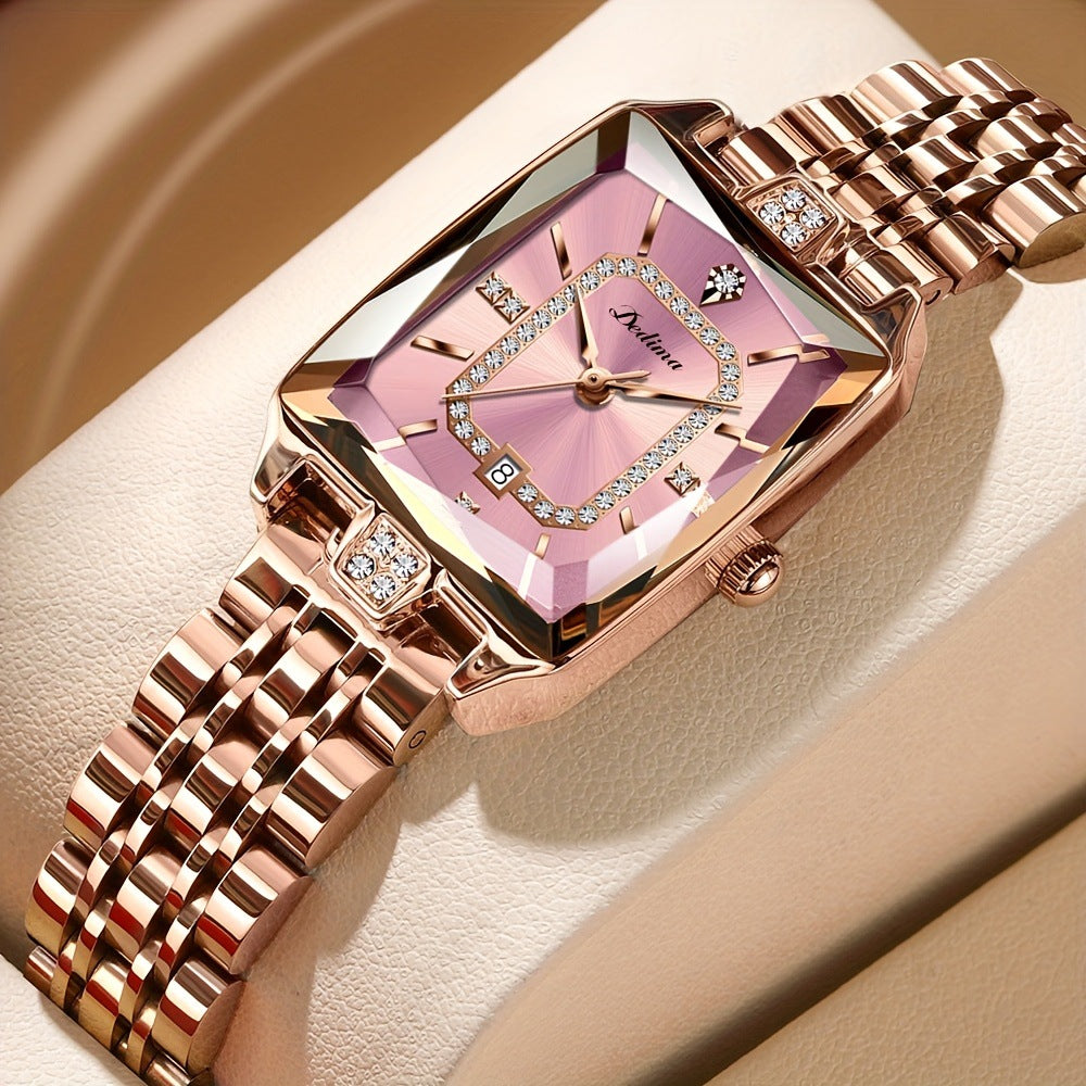 Women’s Luxury Rose Gold Rectangle Watch with Diamond Accents – Waterproof Elegant Timepiece