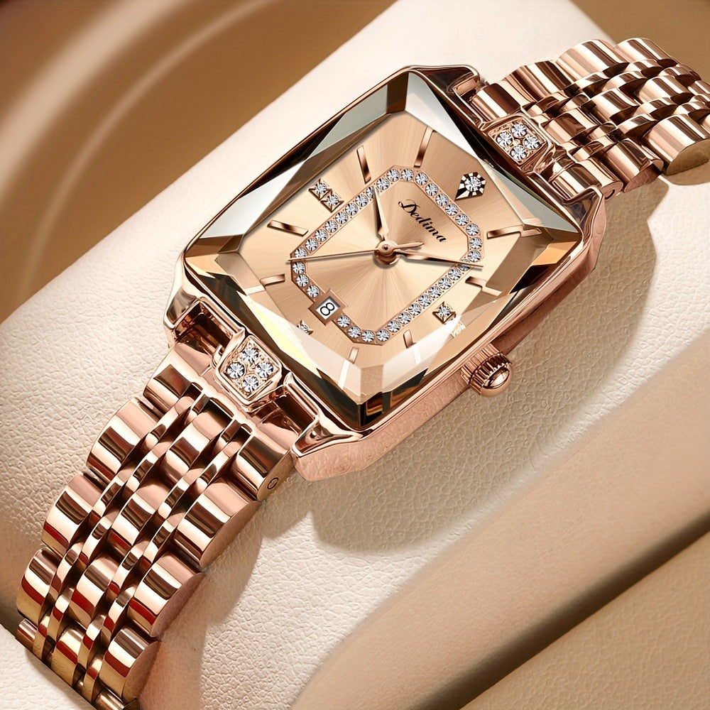 Women’s Luxury Rose Gold Rectangle Watch with Diamond Accents – Waterproof Elegant Timepiece