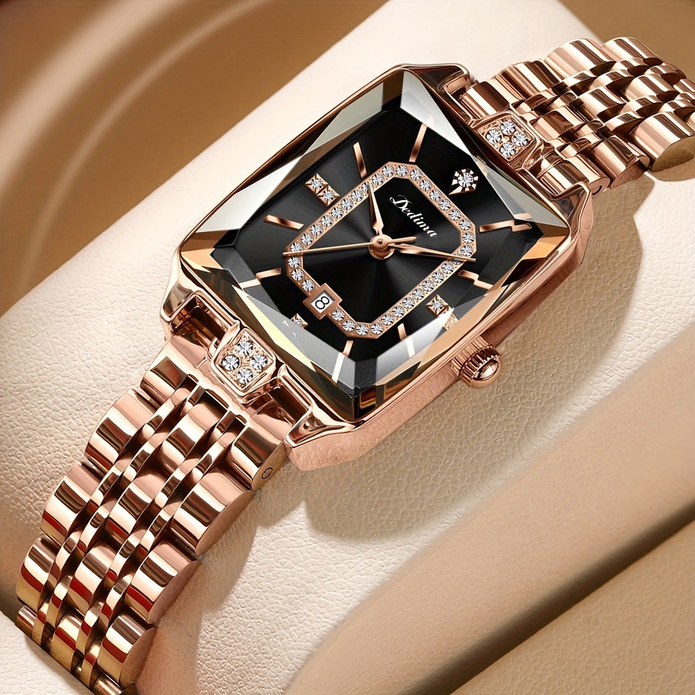 Women’s Luxury Rose Gold Rectangle Watch with Diamond Accents – Waterproof Elegant Timepiece