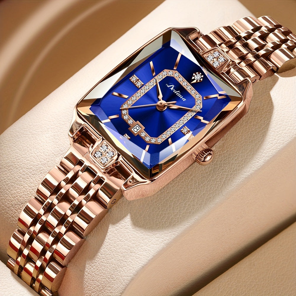 Women’s Luxury Rose Gold Rectangle Watch with Diamond Accents – Waterproof Elegant Timepiece