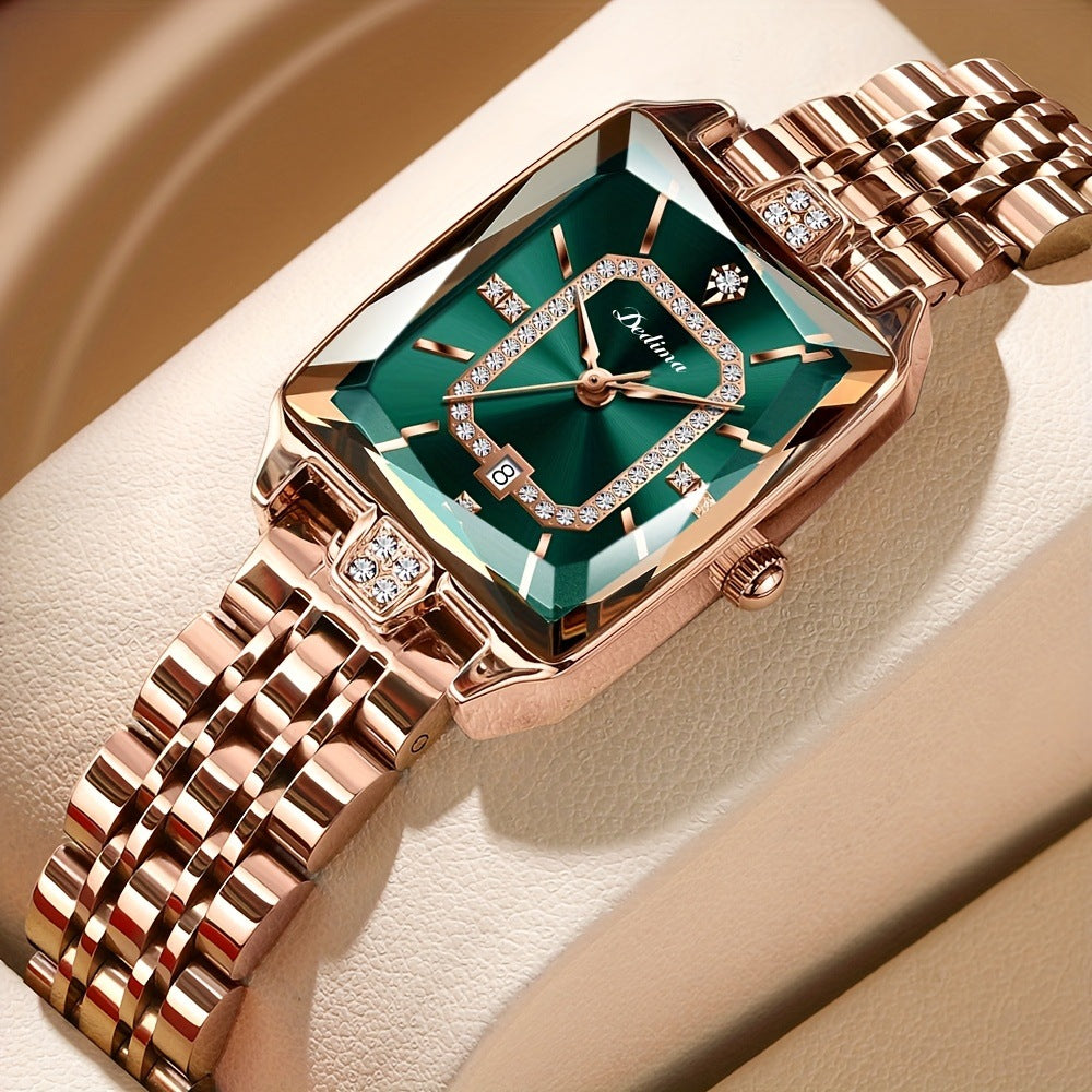 Women’s Luxury Rose Gold Rectangle Watch with Diamond Accents – Waterproof Elegant Timepiece