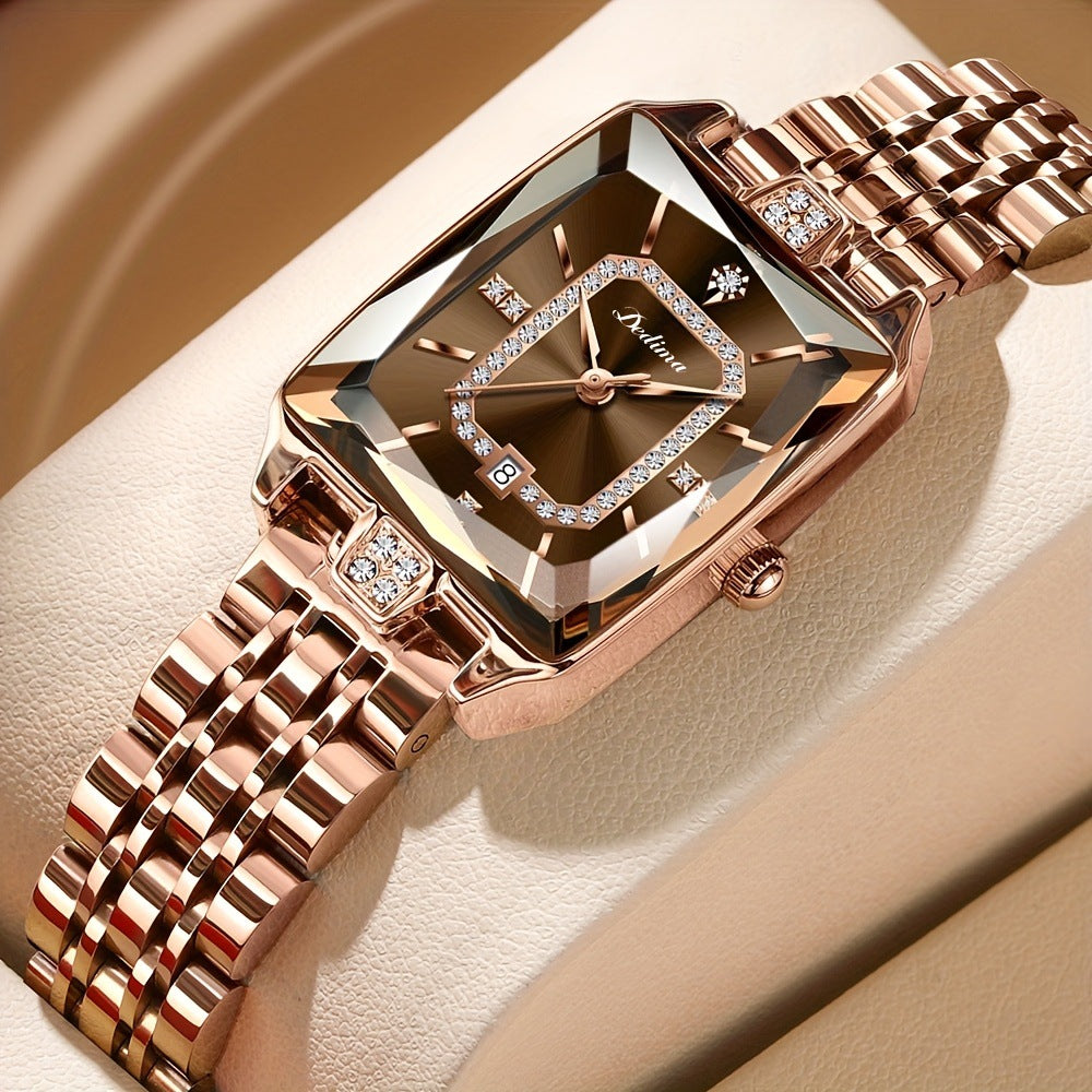 Women’s Luxury Rose Gold Rectangle Watch with Diamond Accents – Waterproof Elegant Timepiece