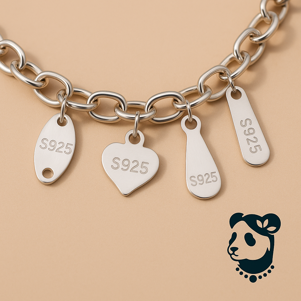 S925 sterling silver charm bracelet with heart, oval, waterdrop, and tag charms