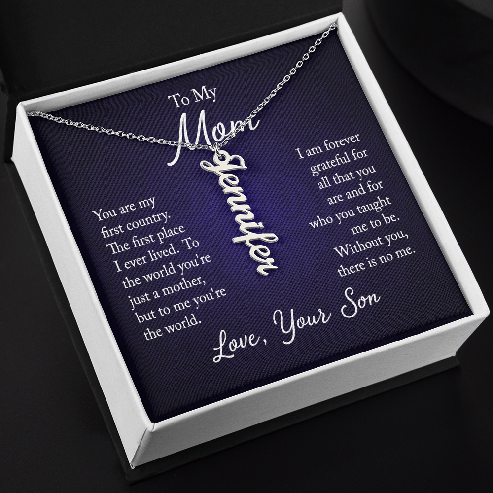 To My Mom | From Son | Personalized Vertical Name Necklace | 18K Gold or Stainless-Steel Necklace