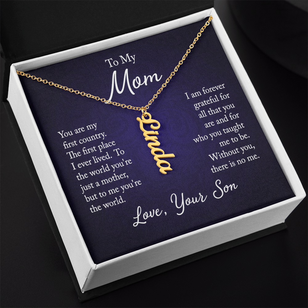 To My Mom | From Son | Personalized Vertical Name Necklace | 18K Gold or Stainless-Steel Necklace