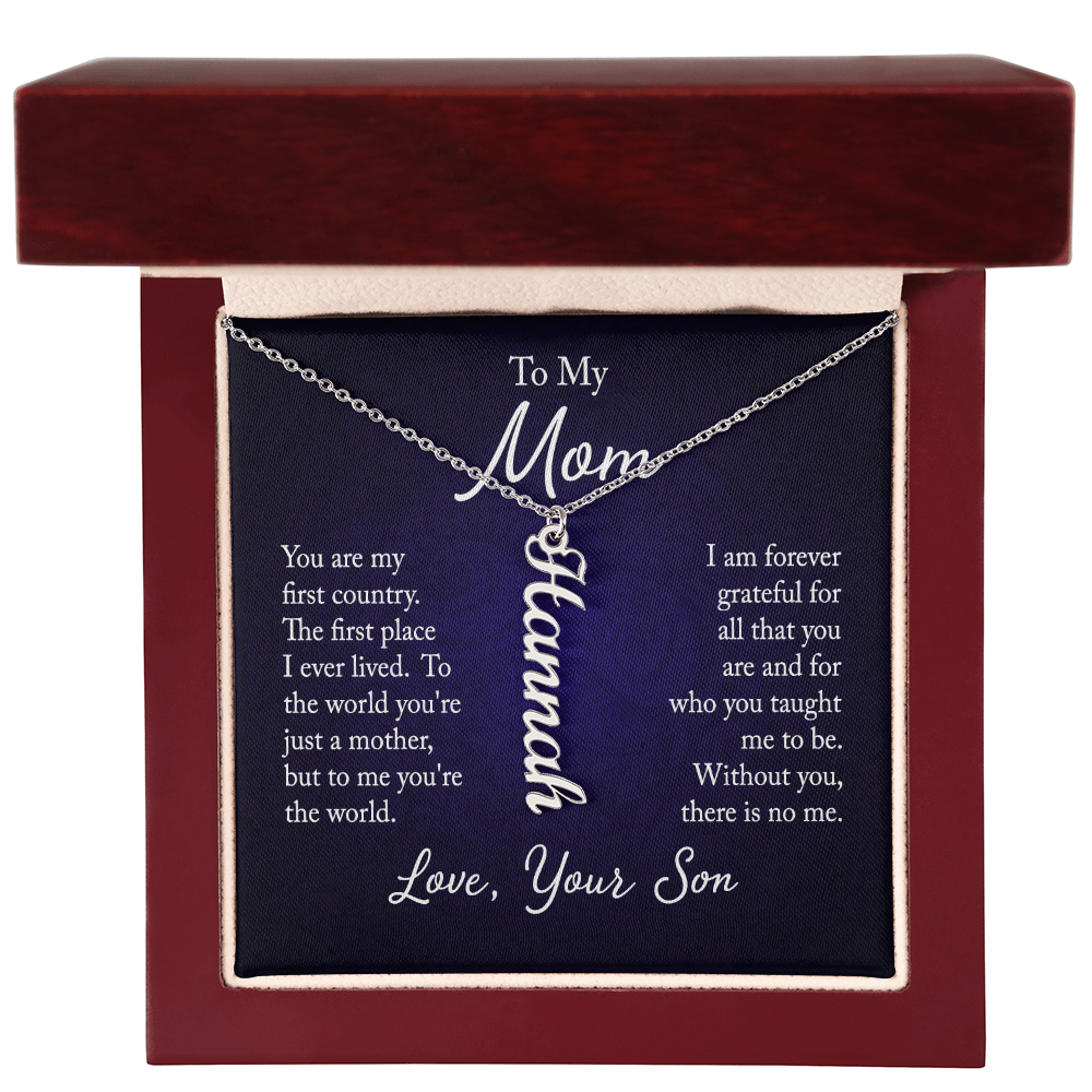To My Mom | From Son | Personalized Vertical Name Necklace | 18K Gold or Stainless-Steel Necklace