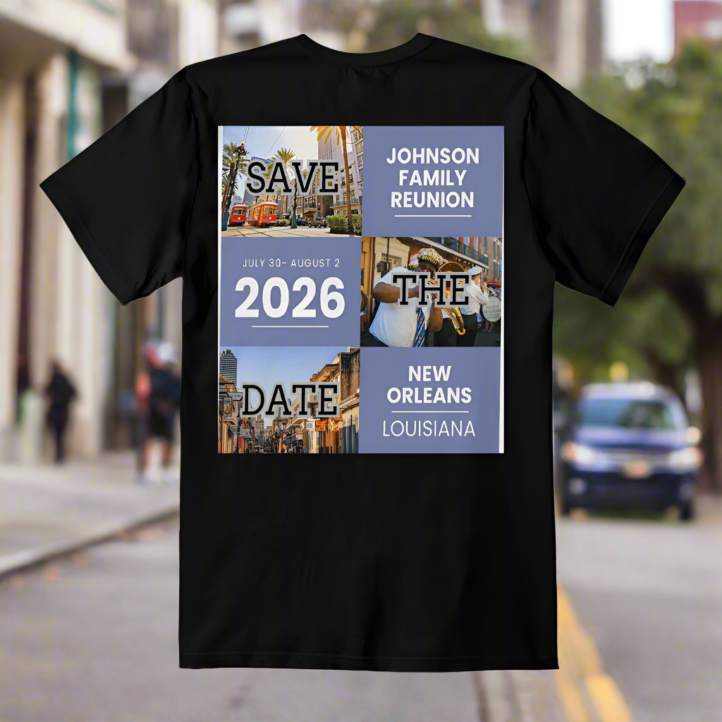 Front Black Tshirt with graphics announcing the 2026 Johnson Family Reunion. New Orleans background.