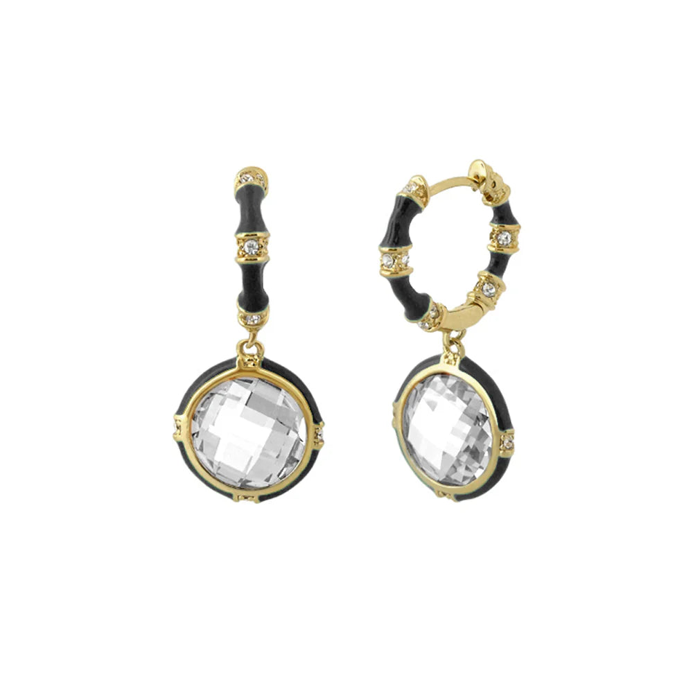 Gold-plated bamboo hoop earrings with black enamel and round crystal drops