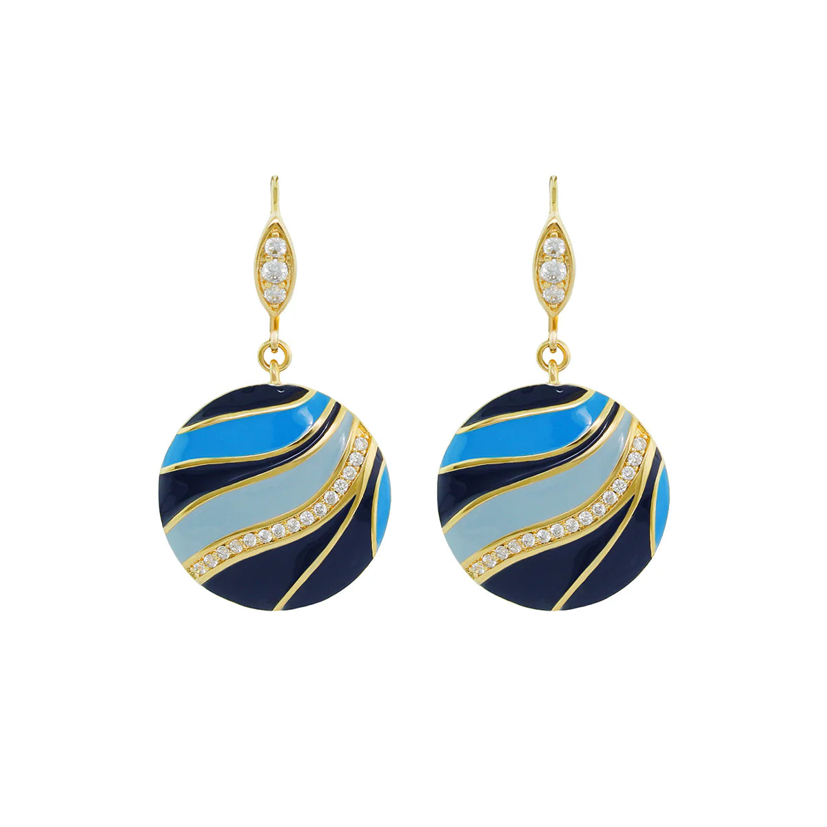 Blue and gold enamel drop earrings with crystal wave design