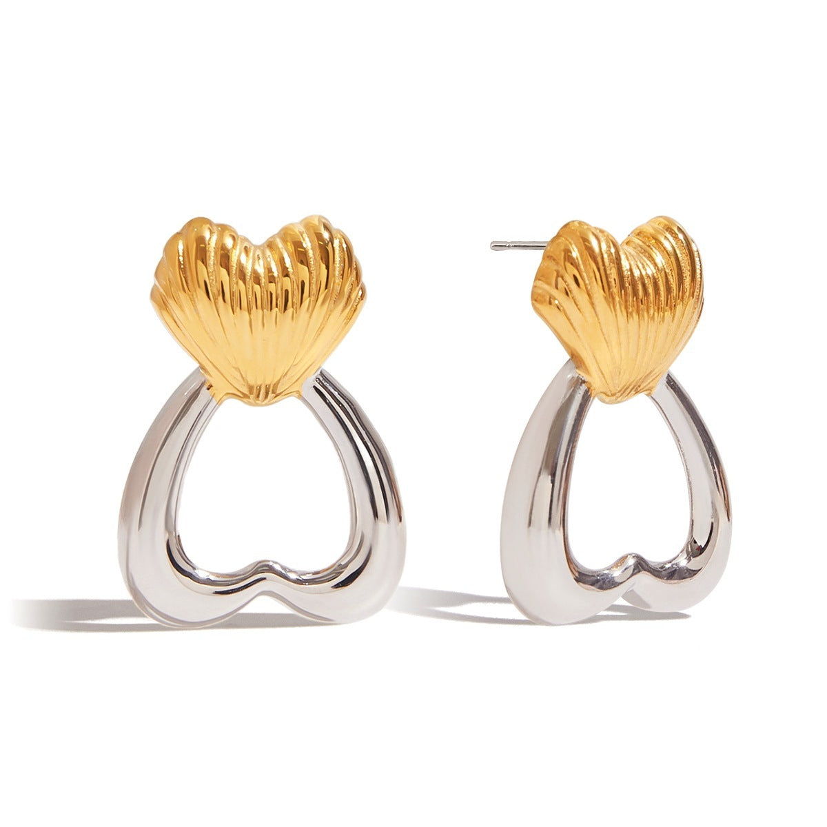 Two-Tone Heart Stud Earrings – Gold & Silver Stainless Steel Design