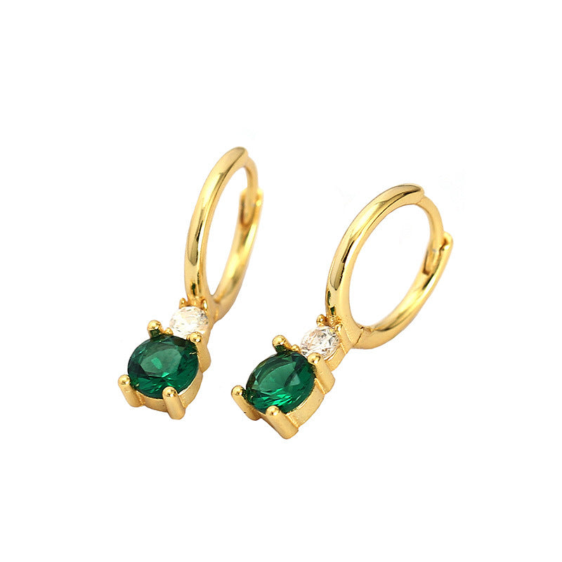 Gold hoop earrings with emerald green stone and sparkling crystal accent