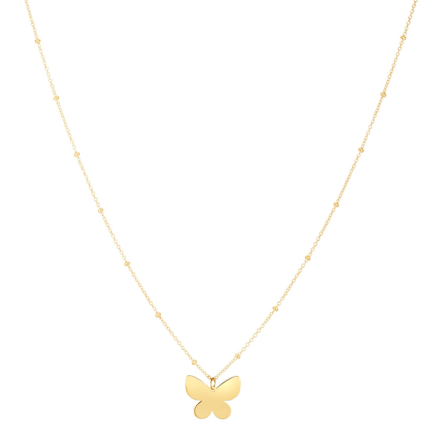 Gold butterfly necklace on a white background