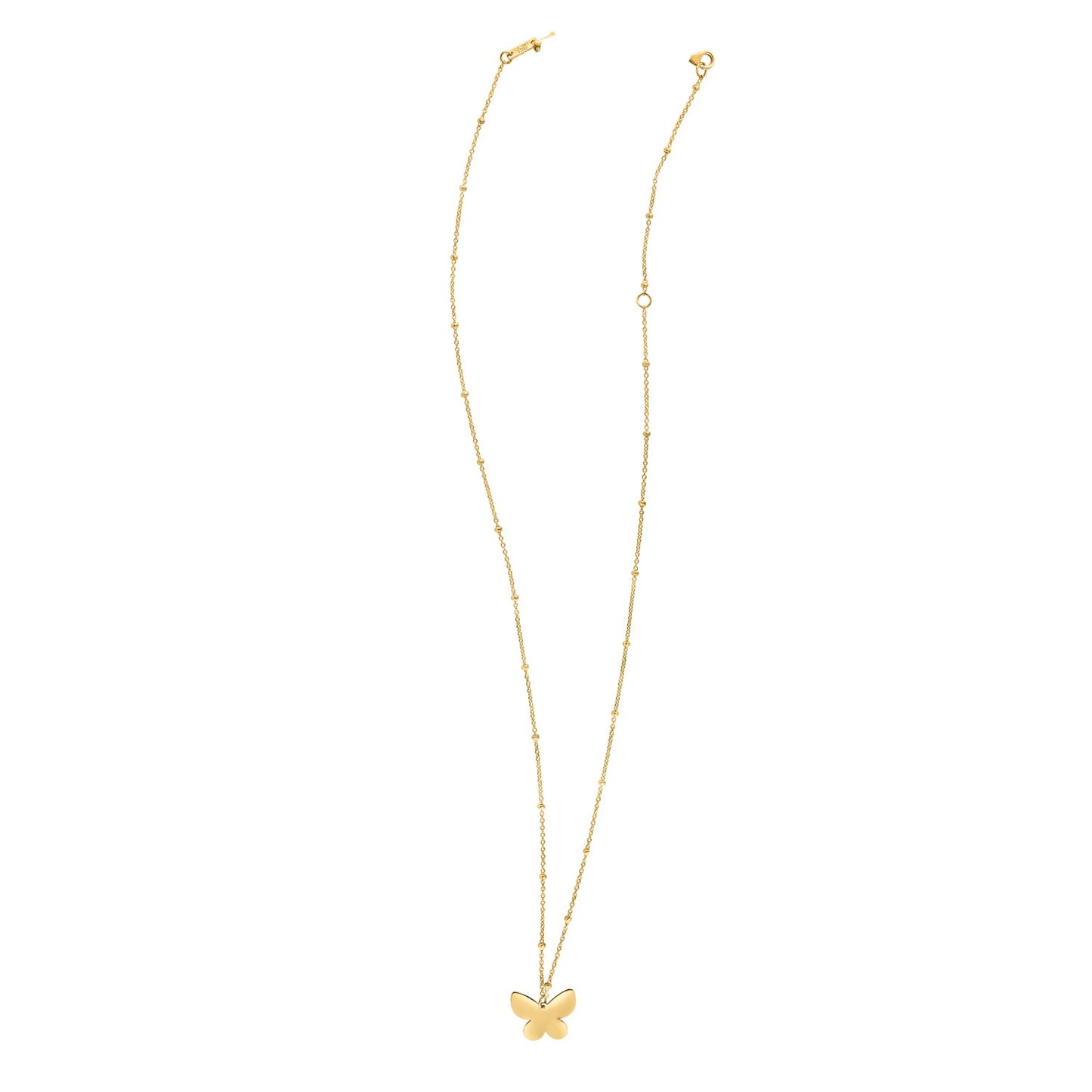Gold butterfly necklace on a white background