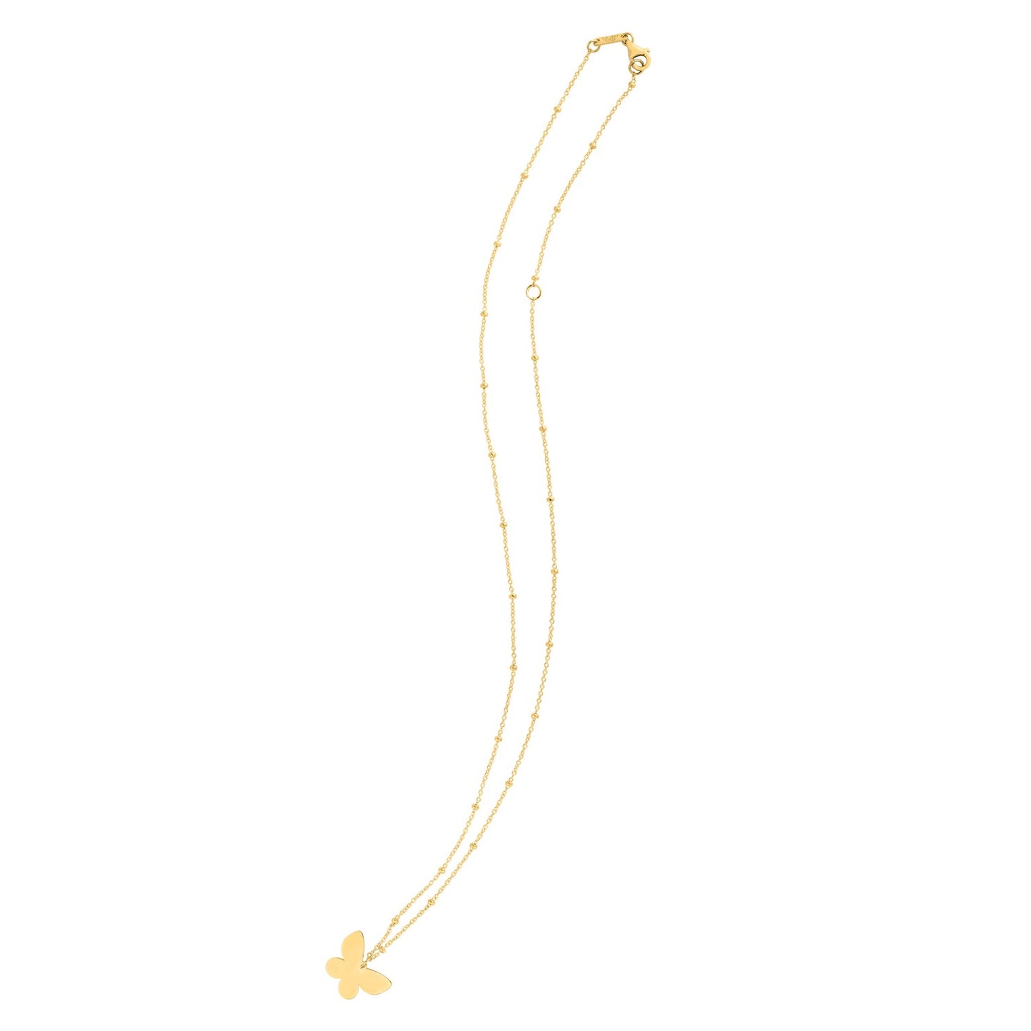 Gold necklace with a butterfly pendant on a white background