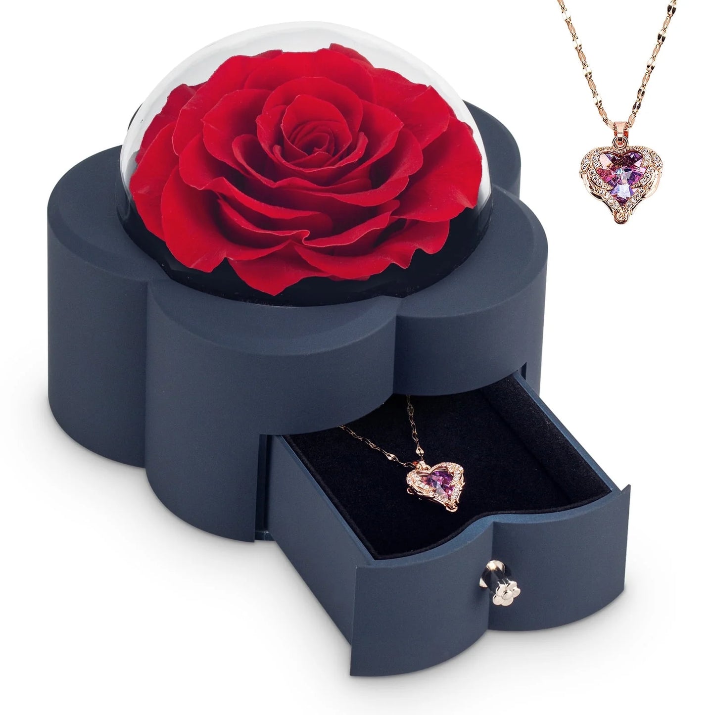 Elegant rose jewelry box featuring a luxurious necklace, ideal for Valentine's Day, anniversaries, and romantic surprises.