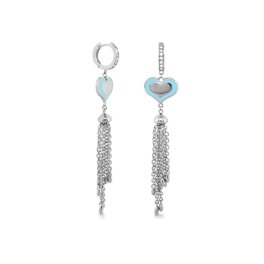 Elegant silver and blue heart tassel earrings with dangling chain details