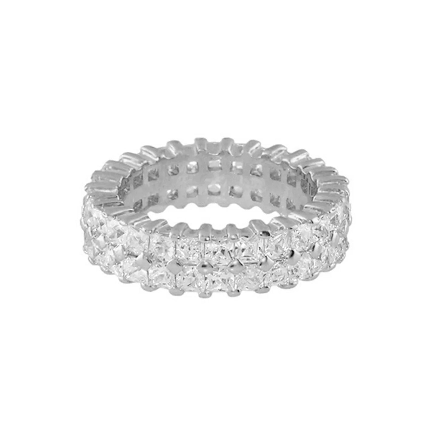 Elegant silver eternity band featuring a luxurious double row of dazzling gemstones.