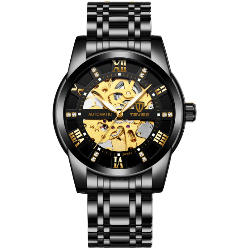 Tevise men's automatic mechanical watch featuring a black stainless steel band, Roman numeral markers, and a gold skeleton dial.