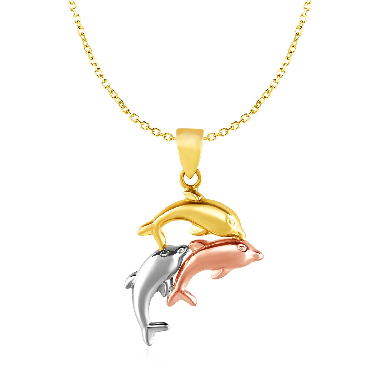 Three-dimensional dolphin pendant on a gold chain against a white background