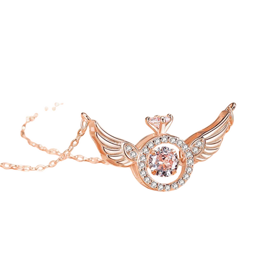 Elegant winged heart pendant in rose gold with sparkling accents and intricate details.