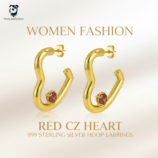 Women Fashion Red CZ Heart 999 Sterling Silver Hoop Earrings Banner