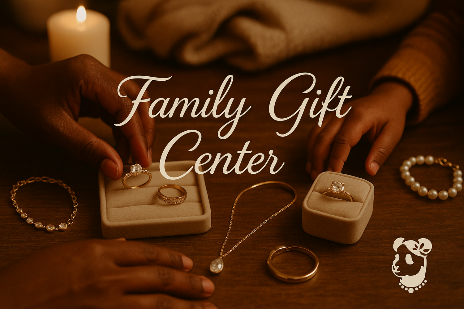 Warm appearance of adult and children hands with jewelry pieces on a table from Panda Jewelry Store.