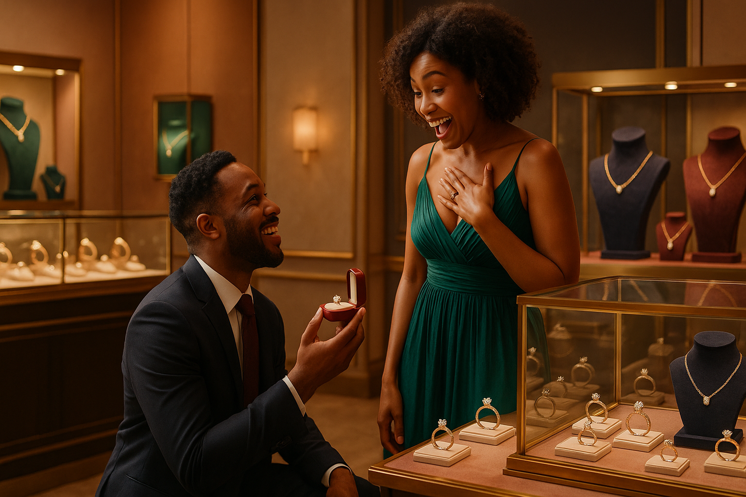 A man in a dark suit kneels on one knee proposing to a woman in an emerald green dress inside an upscale jewelry store, with engagement rings and necklaces displayed in glass cases around them.