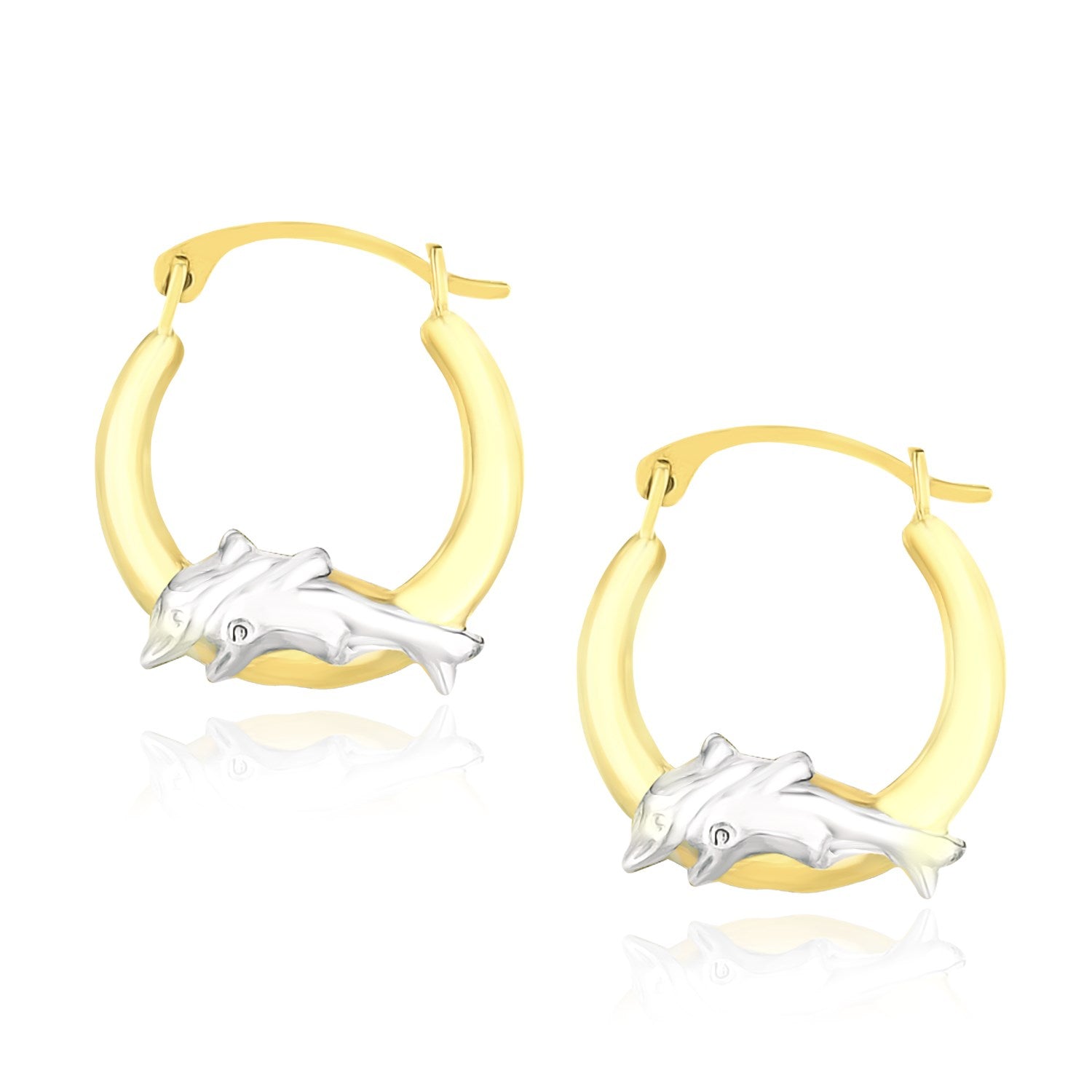 Gold hoop earrings with silver dolphin charms on a white background