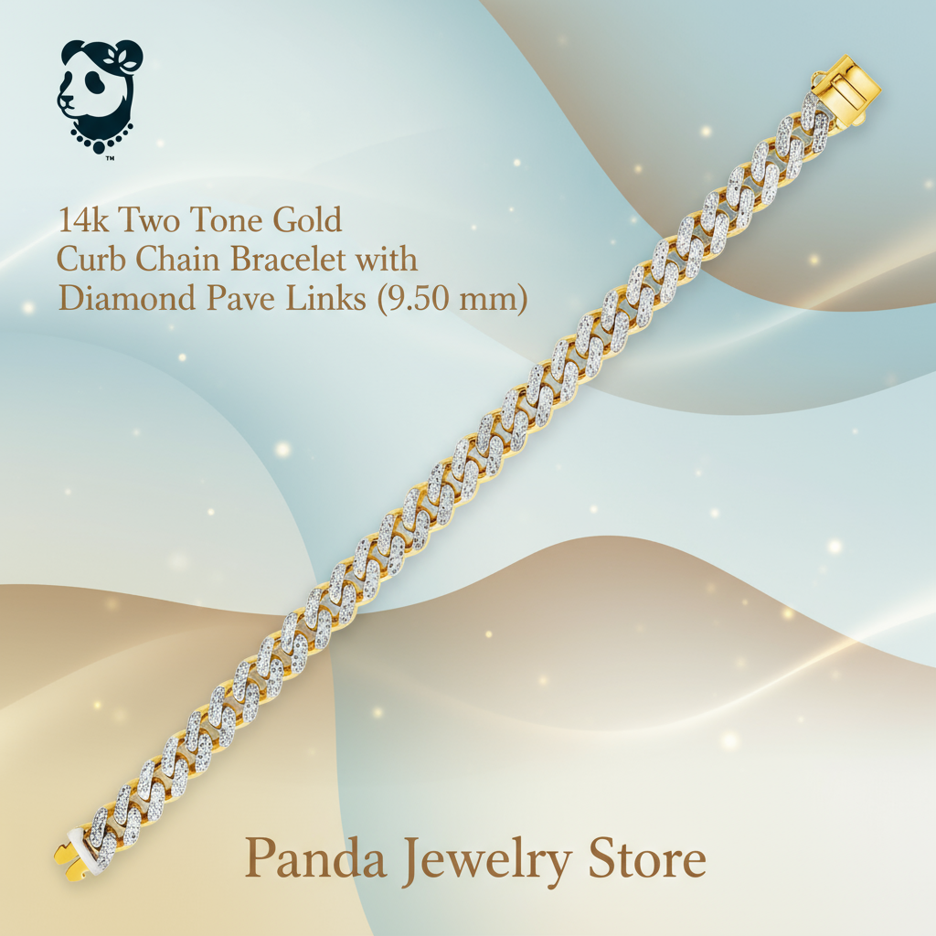 ❄️14k Two Tone Gold Curb Chain Bracelet with Diamond Pave Links (9.50 mm)