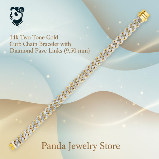 ❄️14k Two Tone Gold Curb Chain Bracelet with Diamond Pave Links (9.50 mm)