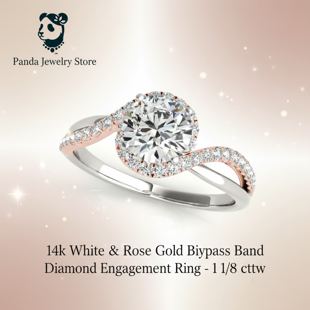 14k White & Rose Gold Bypass Band Diamond Engagement Ring with Panda Jewelry Store logo on a light background